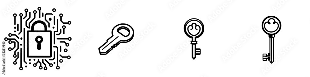 Poster digital security symbols with lock and keys representing online protection and access control method