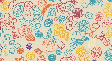 A playful hand-drawn doodle pattern with random shapes.