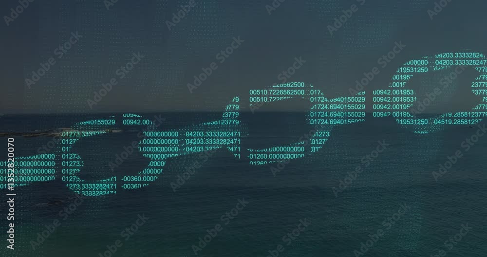 Poster animation of dna strand forming from binary code over ocean landscape