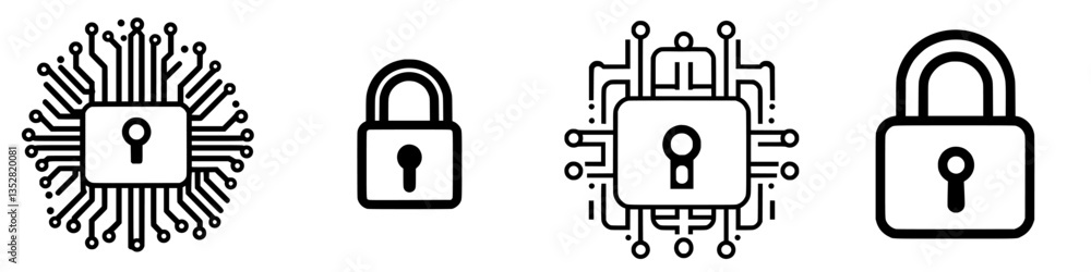 Poster visual representation of digital security using locks and circuit designs in a modern technology con