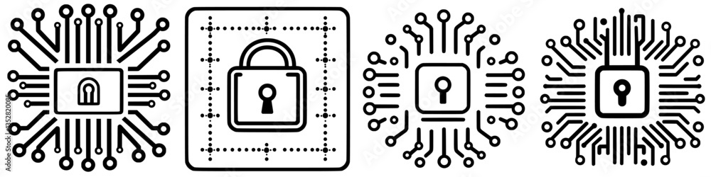Poster symbols representing cybersecurity and digital safety in a modern design with circuit patterns