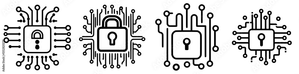 Poster chip designs featuring lock symbols represent cybersecurity concepts in a digital environment