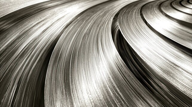 Curving, parallel textured surfaces with metallic sheen, in gray scale