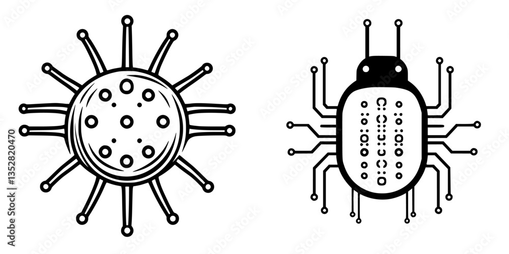 Poster stylized representations of a virus and a microbe displayed on a plain background showcasing scienti