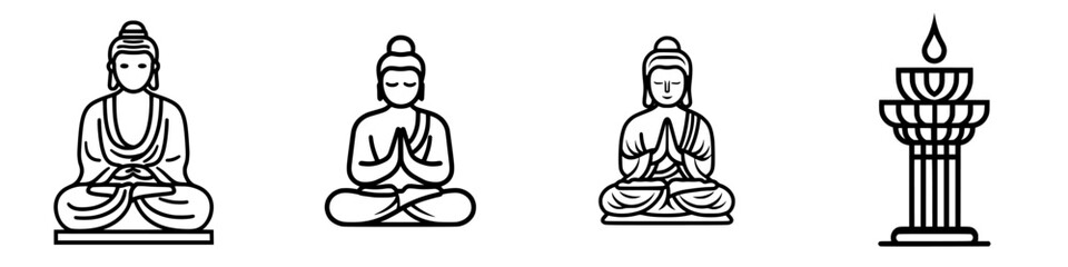 Illustration of multiple Buddha figures and a decorative water feature in a serene setting designed for meditation and mindfulness