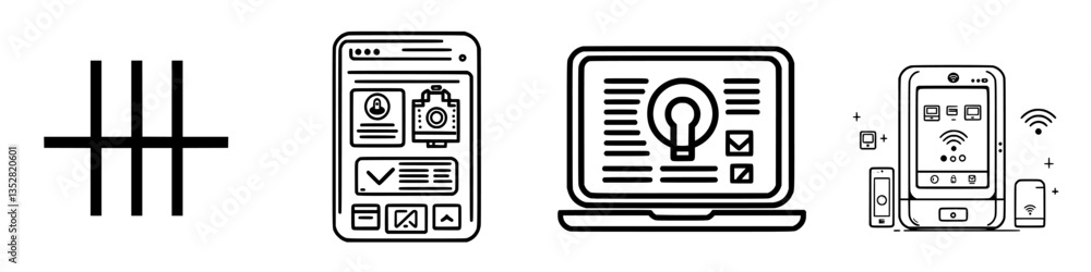 Poster digital technology concepts represented through line icons showcasing devices and features used for 