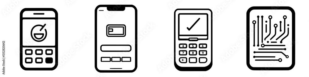 Poster various mobile device icons showcasing different functionalities and designs for modern communicatio
