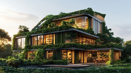 Obraz premium Vertical gardens and solar panels in contemporary buildings high resolution picture