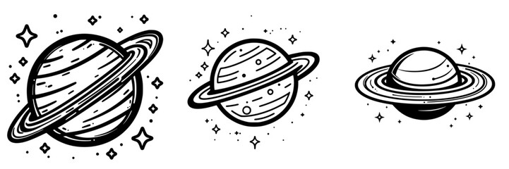 Unique artistic representations of planets with rings and stars in a minimalist style