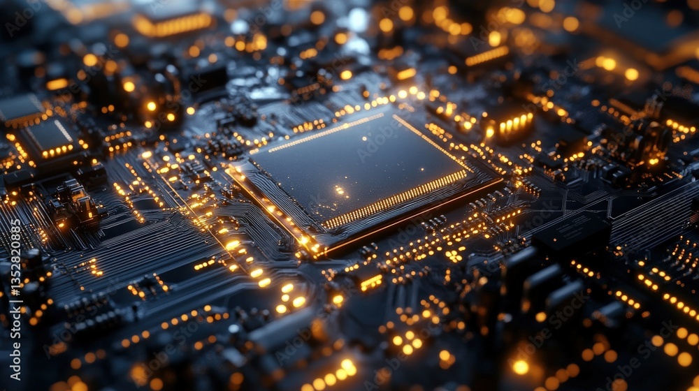 Poster electronic circuit board with illuminated components and microchip