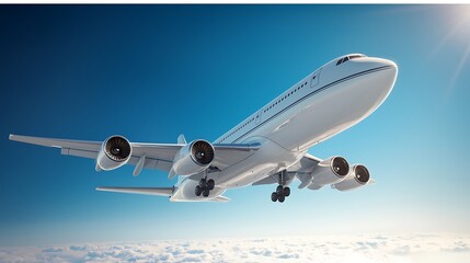 Fototapeta premium Airplane soaring through the blue sky, passing clouds below, sunny day bright and clear