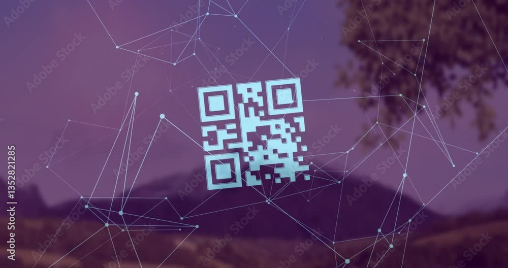 Poster animation of qr code with digital network over scenic mountain landscape