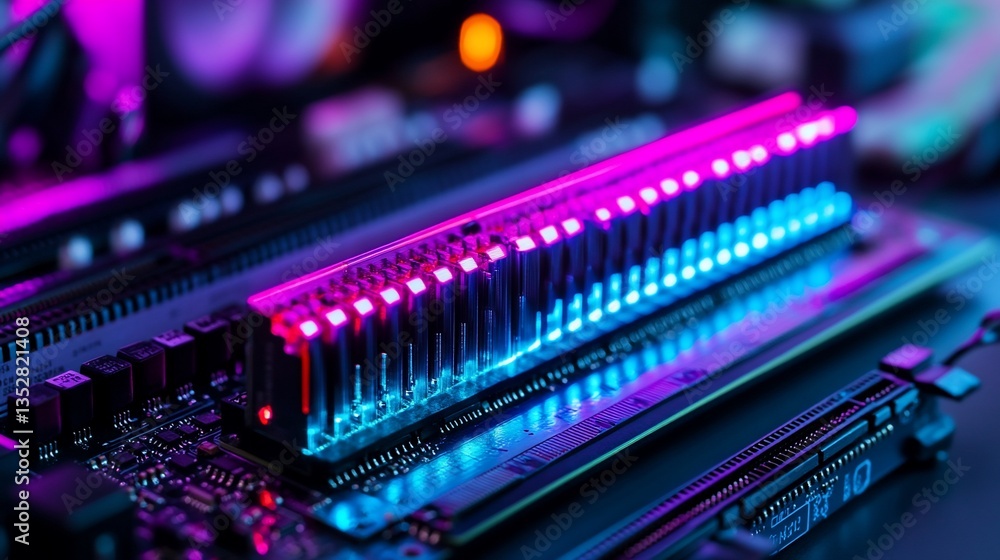 Aufkleber rgb ram illuminated in a pc build. close-up view of computer hardware showcasing vibrant colors.