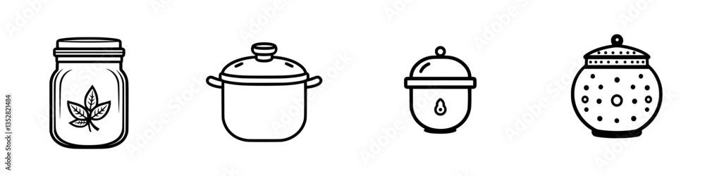 Poster culinary tools and containers for meal preparation and storage displayed in a minimalistic style