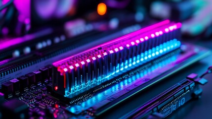 RGB RAM illuminated in a PC build. Close-up view of computer hardware showcasing vibrant colors.