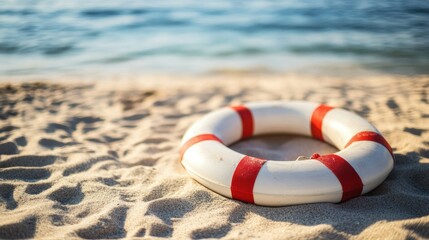 Naklejka premium Lifebuoy on Sandy Beach Near Calm Waters Safety Equipment for Water Activities Summer Vacatio