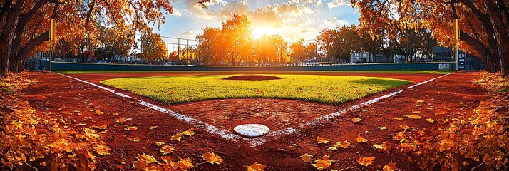 Autumn baseball field at sunset