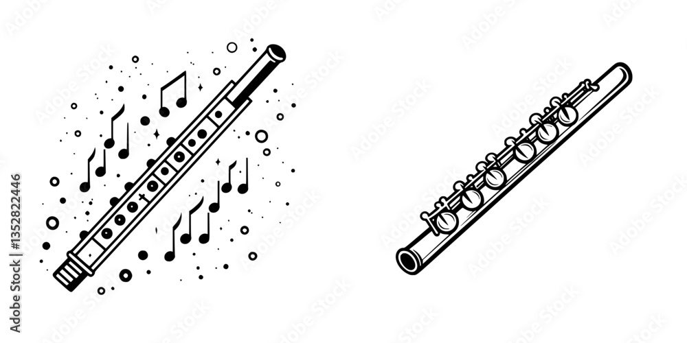 Poster different types of musical flutes with notes, showcasing variations in design and style