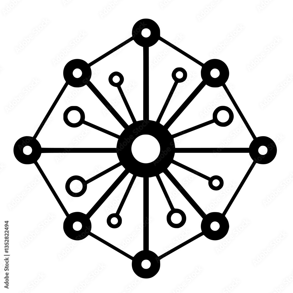 Poster unique geometric design featuring a central circle and radiating lines and nodes in a symmetrical pa