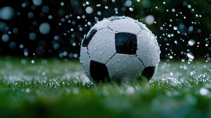 Soccer ball in the rain on grass