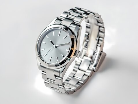 Simple silver watch with minimalistic design on clean white background - Powered by Adobe