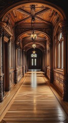 Obraz premium A stunningly ornate corridor featuring intricately carved wooden walls, elaborate light fixtures, and a smooth polished wooden floor. The high arched ceiling enhances the grandeur of the space, with n