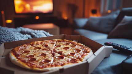 Fresh pepperoni pizza in a box on a couch with a TV remote, cozy evening home setting with warm lights and a television screen out of focus. Food delivery to your home.