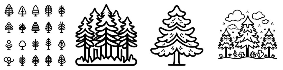 Obraz premium Various tree illustrations showcasing different species and styles accompanied by nature elements