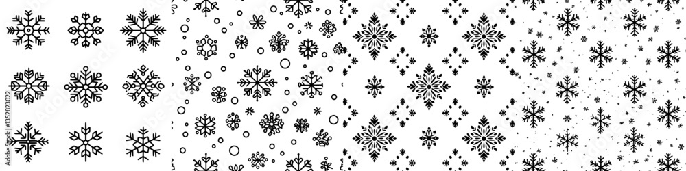 Poster winter-themed black and white snowflake patterns showing various designs and arrangements across mul