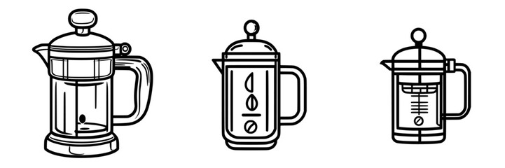 Different styles of French press coffee makers lined up for brewing coffee at home during morning routine