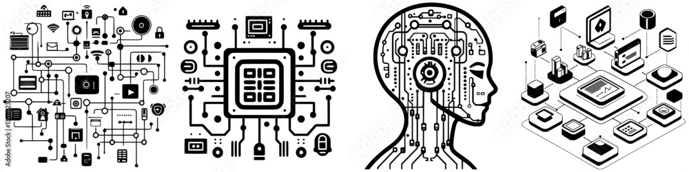 Poster exploring the intricate world of technology through abstract designs depicting circuits and artifici