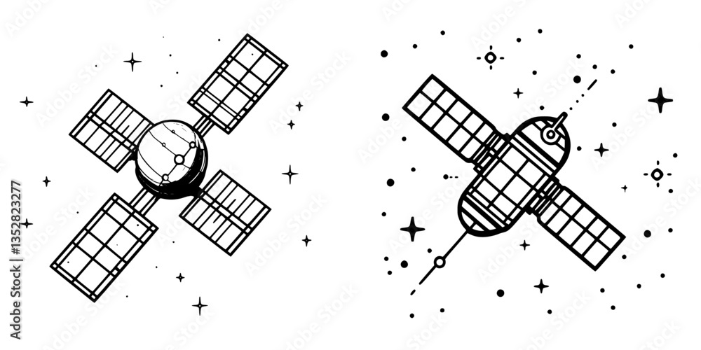 Aufkleber sketch of two distinctive spacecraft navigating through outer space with stars and celestial element