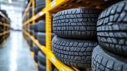 Tire Warehouse Inventory: Rows of Winter Tires on Yellow Shelving