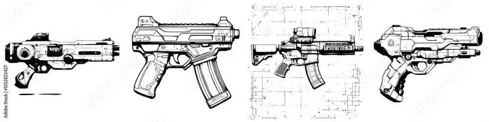 Poster detailed sketches of futuristic firearms illustrating various designs and features in a conceptual a