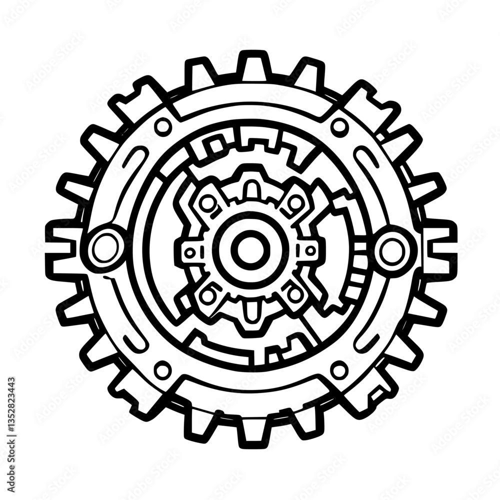 Poster intricate mechanical gear design showcasing interlocking cogs and a crisp outline on a white backgro