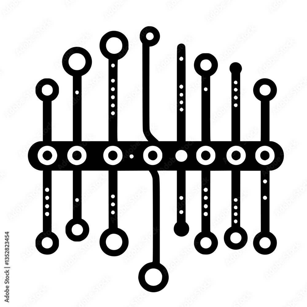 Poster modern abstract design featuring interconnected circular and linear shapes in black and white colors