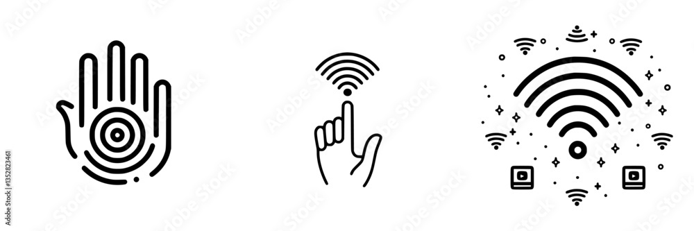 Poster exploring concepts of touch and connectivity in digital communication through abstract hand and wire