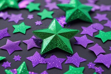 Obraz premium Star-shaped Green and Purple Glitter Confetti Illustration for Celebration Backgrounds