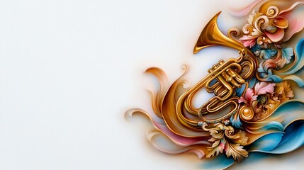Ornamental golden trumpet on white backdrop in a baroque flourish style