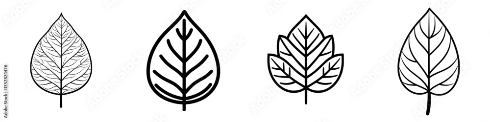 Poster various leaf designs showcasing intricate patterns and shapes in a minimalist style