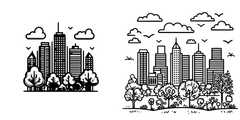Obraz premium City skyline with trees and clouds in a minimalistic line art style during daylight hours