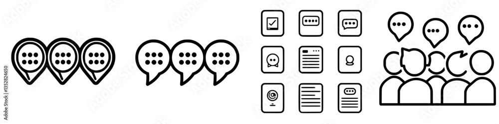 Poster communication icons showcasing messaging and group interaction in a digital context during daytime h