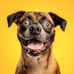 Portrait of a french bulldog on a yellow background. Funny dog, Studio shot. Selective focus. 