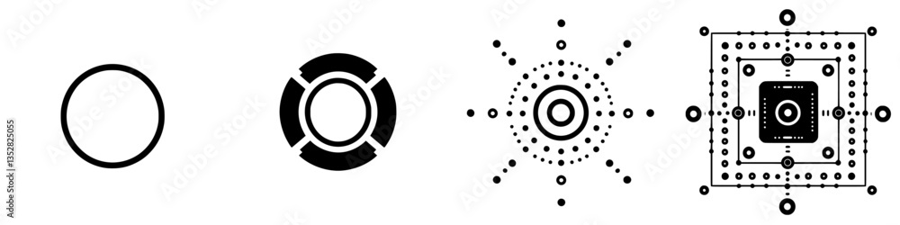 Poster various geometric symbols displayed in a minimalist style showcasing intricate designs with a black-