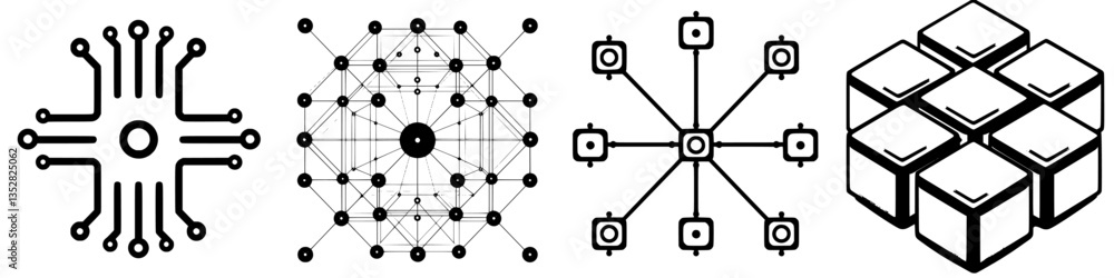Poster black and white abstract designs featuring geometric patterns and interconnected shapes in artistic 