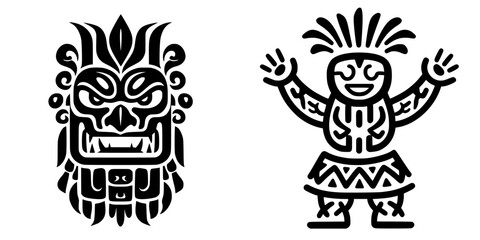 Intricate tribal design featuring a fierce mask and a cheerful dancer with traditional attire