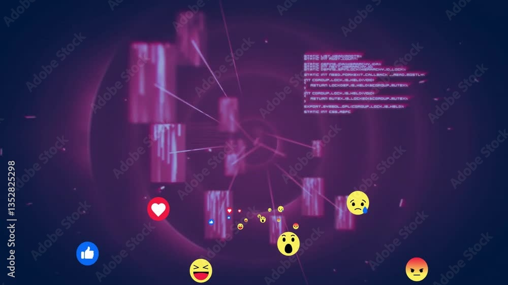 Poster animation of social media reactions and data streams over digital network background