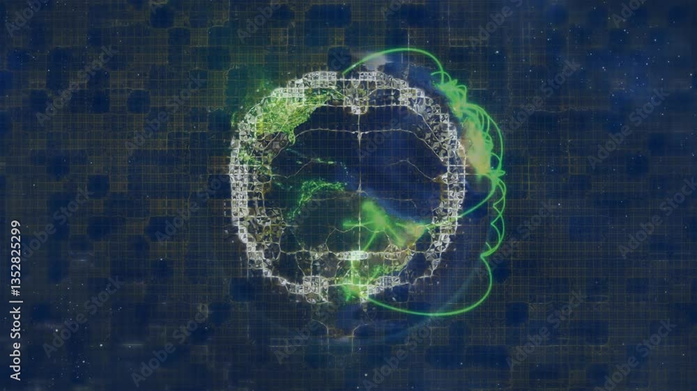 Poster digital animation of globe with green and white lines over blue grid background