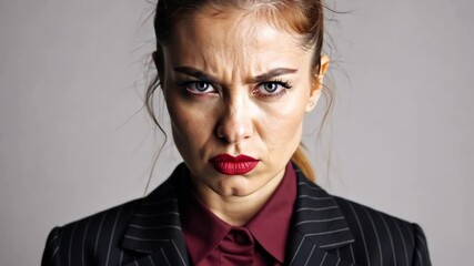 Serious and angry young Caucasian businesswoman with intense eyes staring directly at the camera, displaying strong dissatisfaction. Concept of workplace confrontation and emotional intensity. - Powered by Adobe