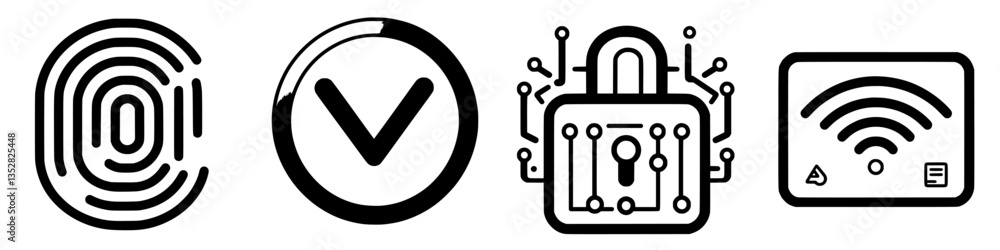 Poster exploring digital security concepts through symbols representing fingerprint, verification, lock, an